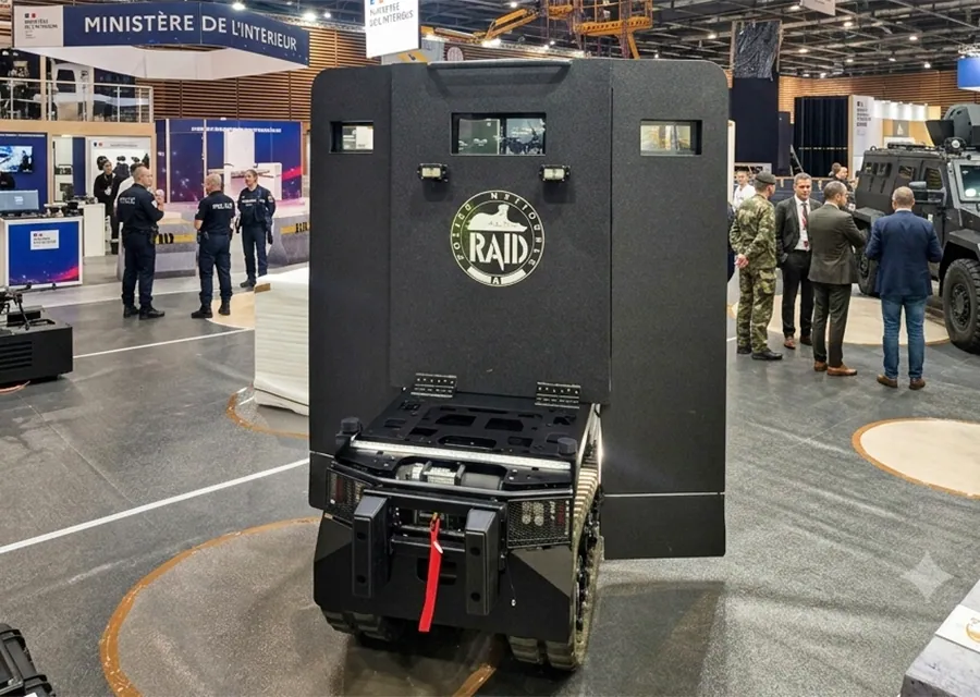 Le Taurus, bouclier blindé motorisé du RAID construit sur la plateforme ANGATEC, sur le stand du ministère de l'Intérieur